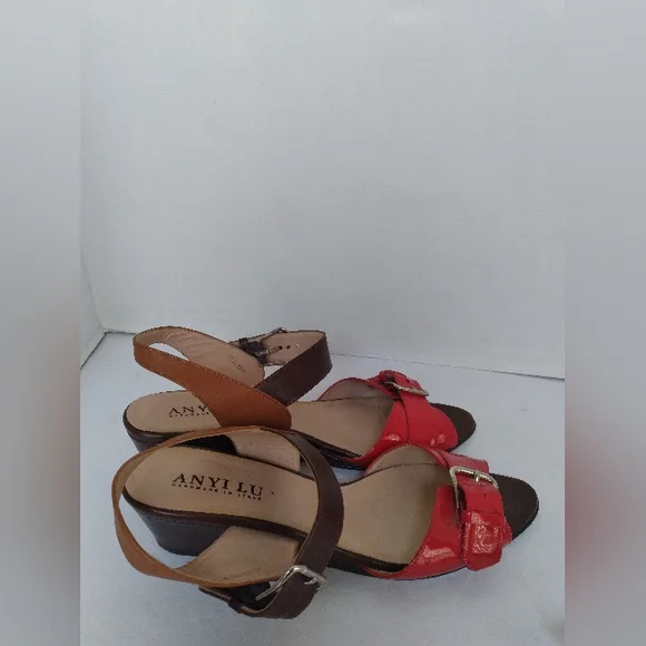 Anyi Lu Red & Brown Leather Ankle Strap Wedge Sandals with Buckle Detail - Picture 2 of 5
